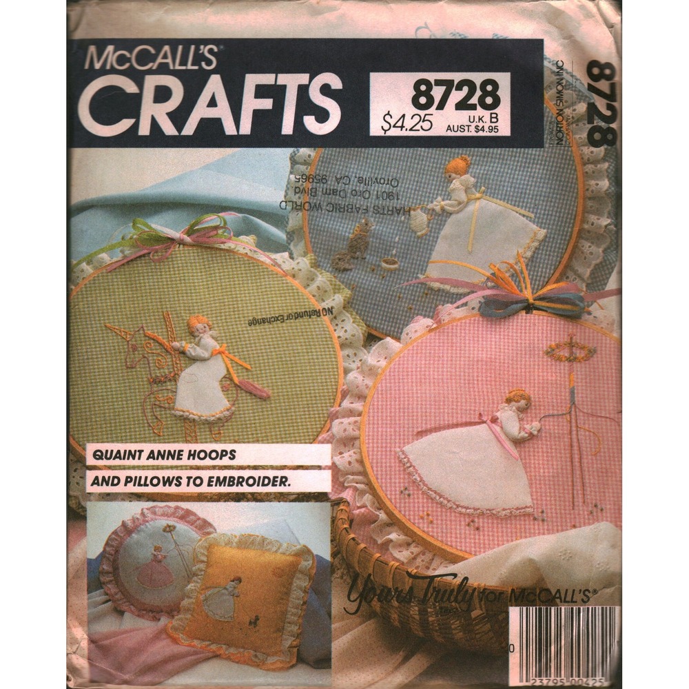 Vintage McCalls 8728 Quaint Anne Hoops Pillows Embroidery Pattern 1983 Uncut